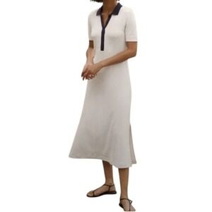 AYR Scout Pima Cotton Polo Midi Dress Contrast Collar Knit Ivory Women's‎ XS